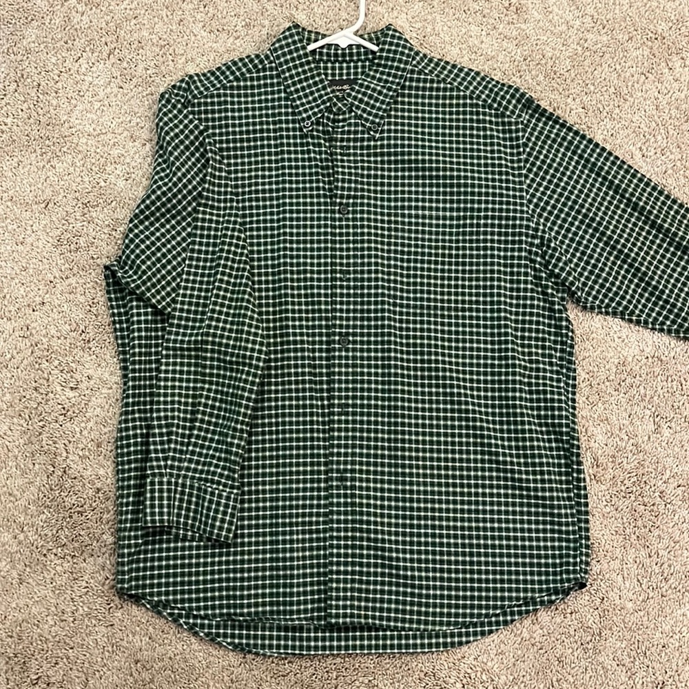 Eddie Bauer long sleeve button down shirt. Green and blue plaid. Size large.
